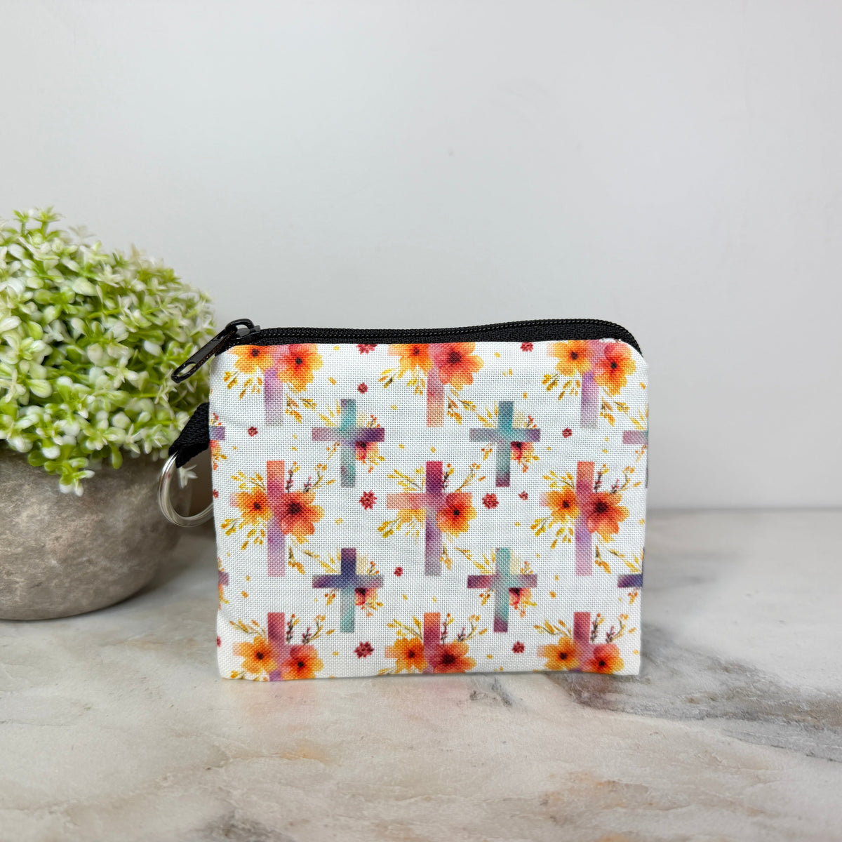 Mini Pouch - Religious Floral Cross