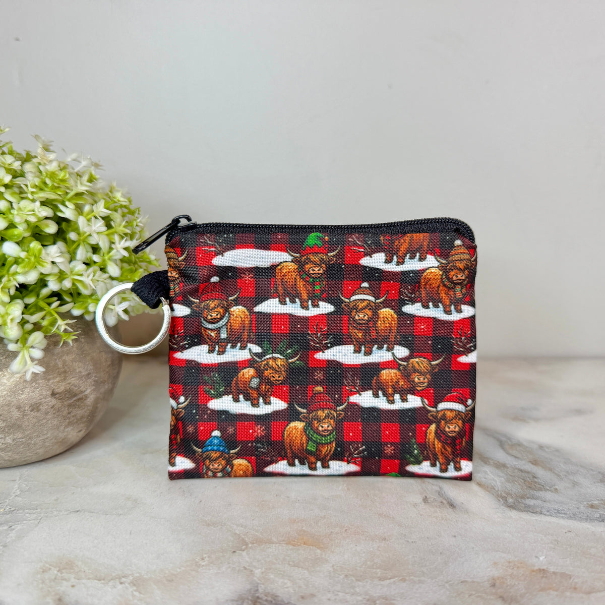 Mini Pouch - Christmas Highland Cow Plaid