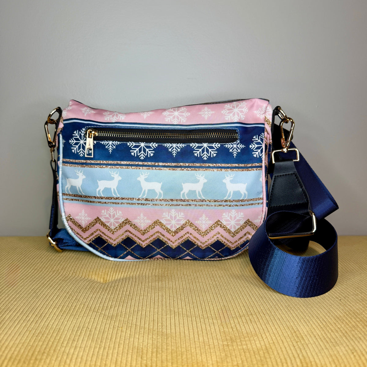 The Roni Nylon Crossbody - Christmas Snowflake Blue Pink