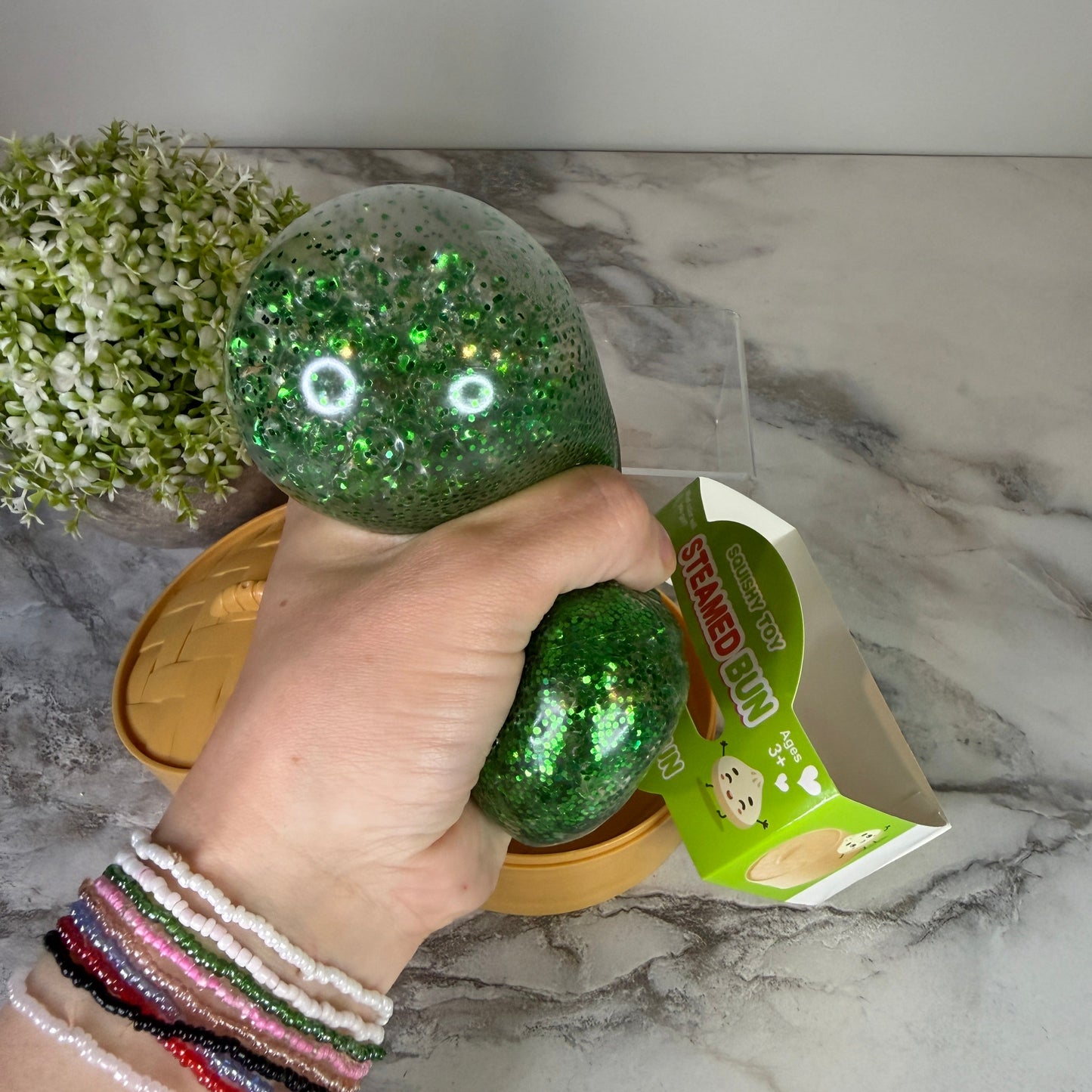 Squishy Toy - Viral Dumpling, Green Glitter + Water Beads