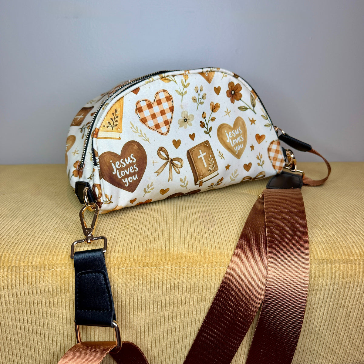 The Roni Nylon Crossbody - Religious Jesus Loves You Bronze
